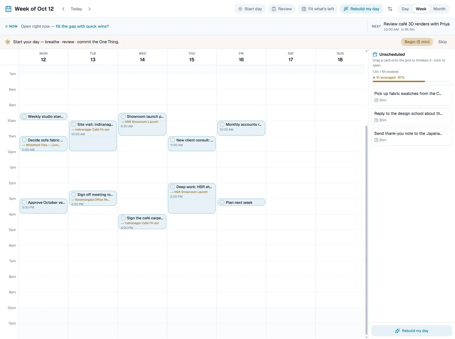 The Metorite Calendar week view, with task blocks linked to their projects
