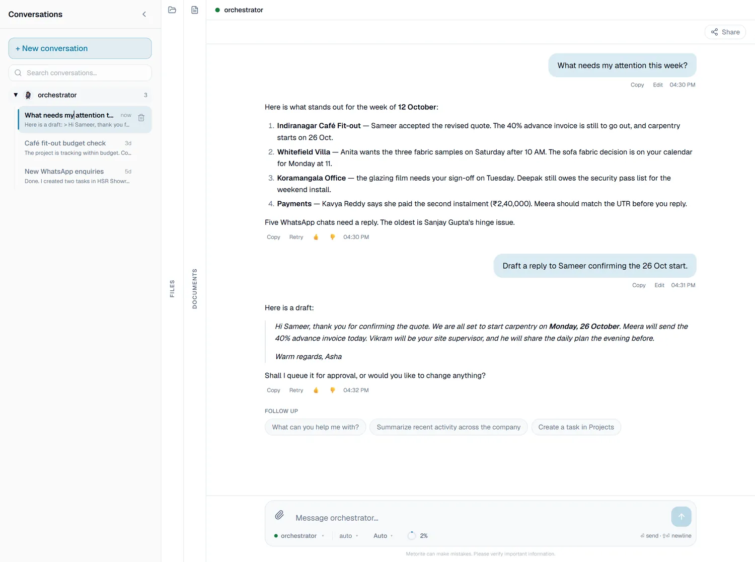 A conversation with the Metorite AI assistant, summarising the week and drafting a reply to a client