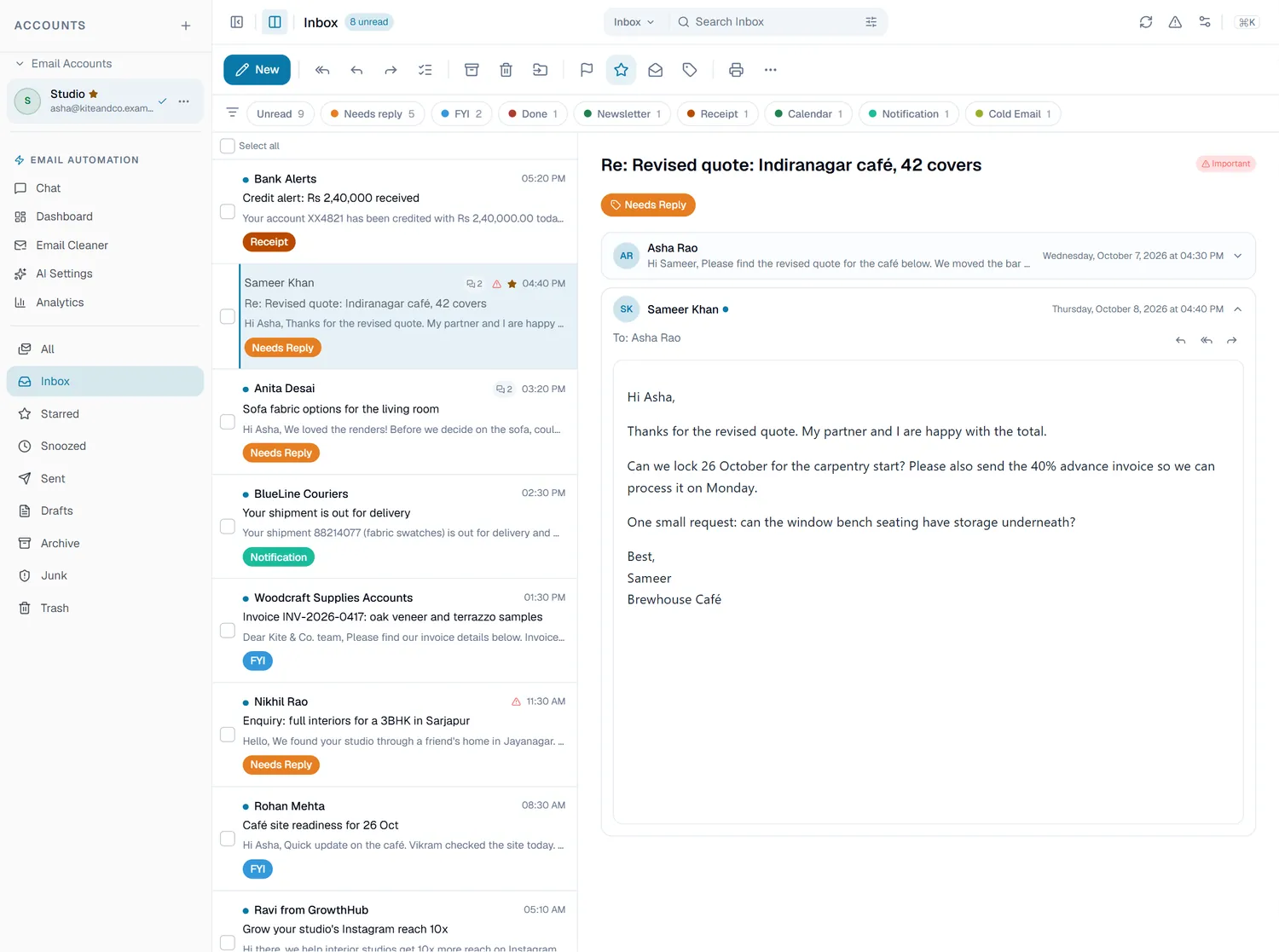 The My Email inbox, with an AI label on each email and a client thread open