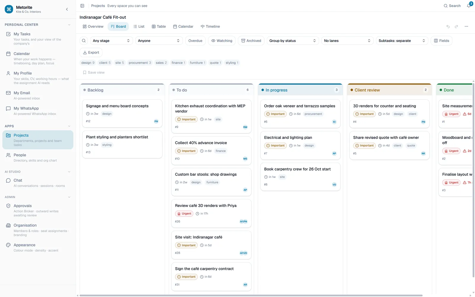 The Metorite Projects board for a demo company, with tasks in columns by status