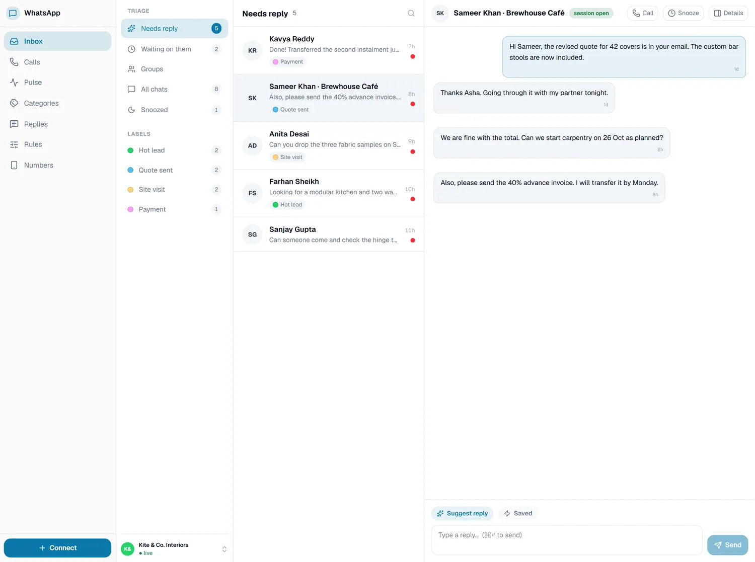 The My WhatsApp inbox with customer chats sorted into Needs reply and Waiting on them